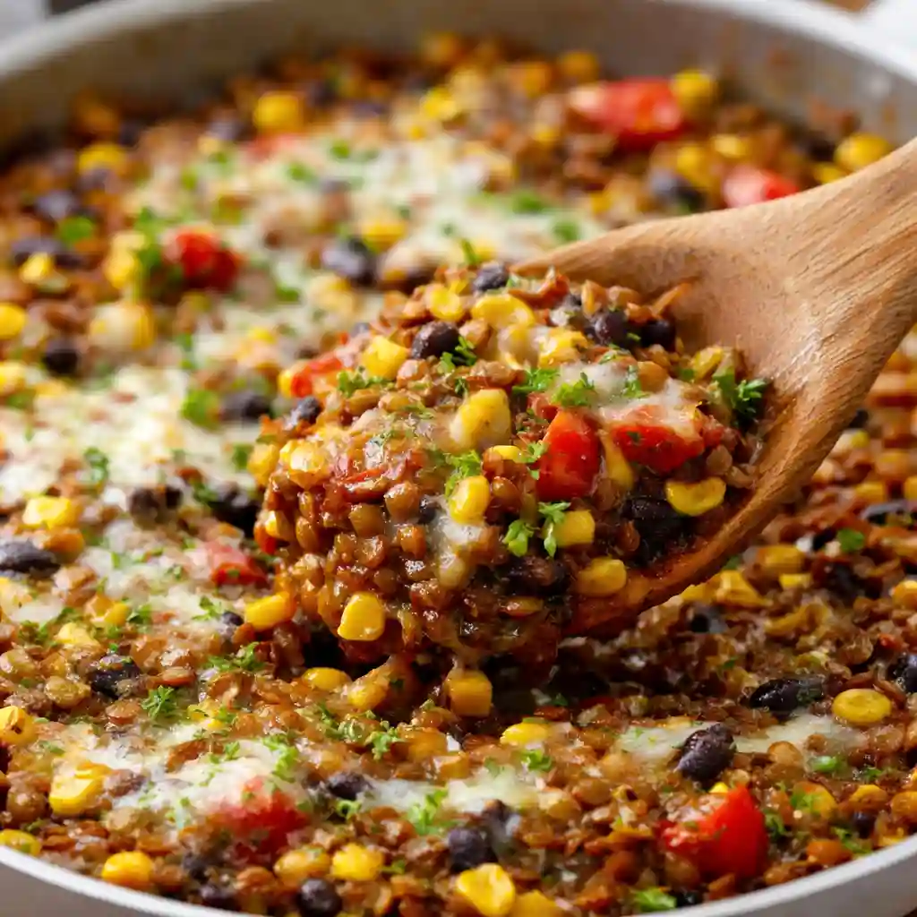 Vegetarian Mexican Lentils served in a rustic white bowl with lime and cilantro on white marble surface