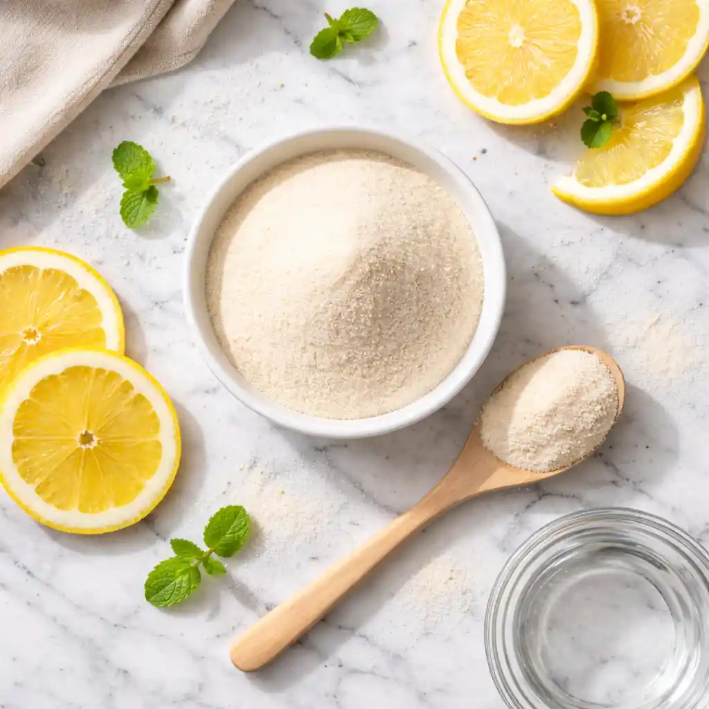 Clear gelatin trick recipe drink in glass mug on white marble background