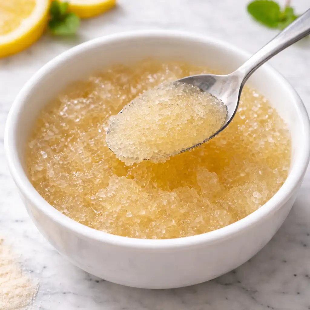 Clear gelatin trick recipe drink in glass mug on white marble background