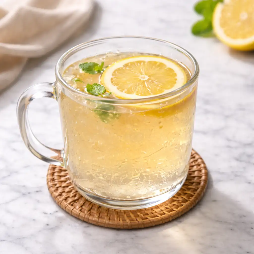 Clear gelatin trick recipe drink in glass mug on white marble background