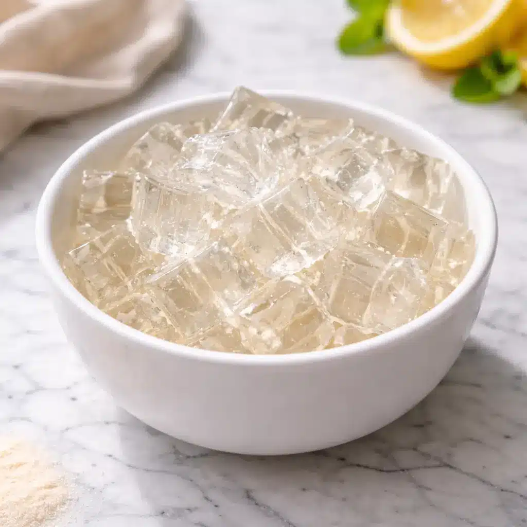 Clear gelatin trick recipe drink in glass mug on white marble background