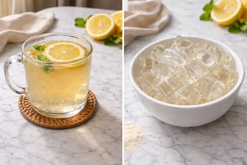 Clear gelatin trick recipe drink in glass mug on white marble background