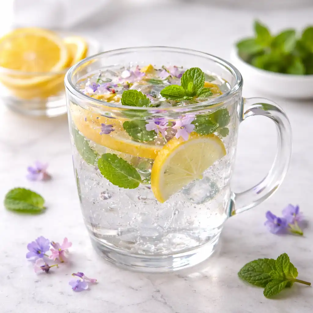 Clear gelatin trick recipe drink in glass mug on white marble background