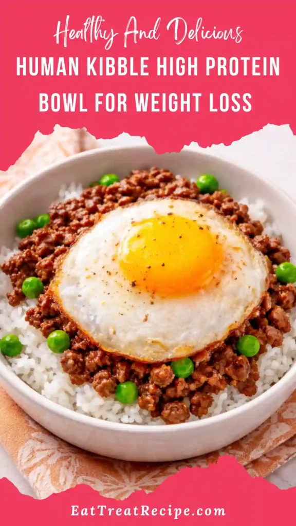 Human Kibble recipe meal prep bowls with ground beef, white rice, and steamed broccoli for high-protein weight loss.