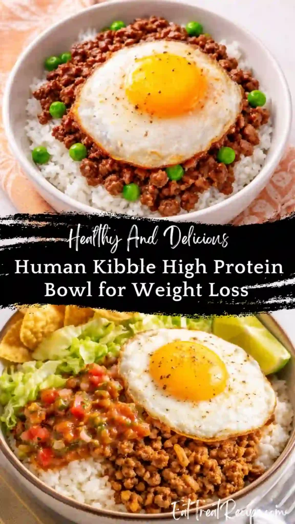 Human Kibble recipe meal prep bowls with ground beef, white rice, and steamed broccoli for high-protein weight loss.