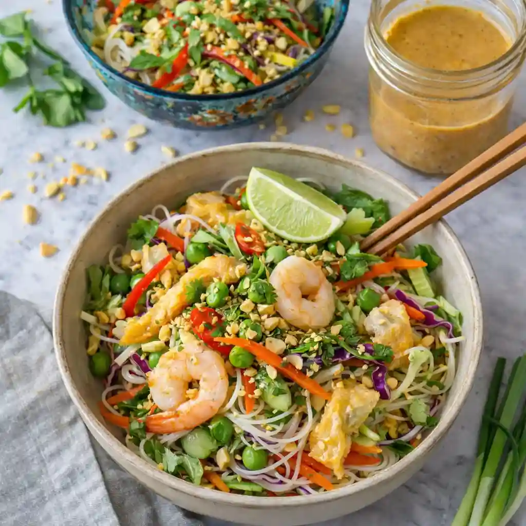 Spring Roll Salad with Spicy Ginger Dressing served with rice noodles and fresh herbs