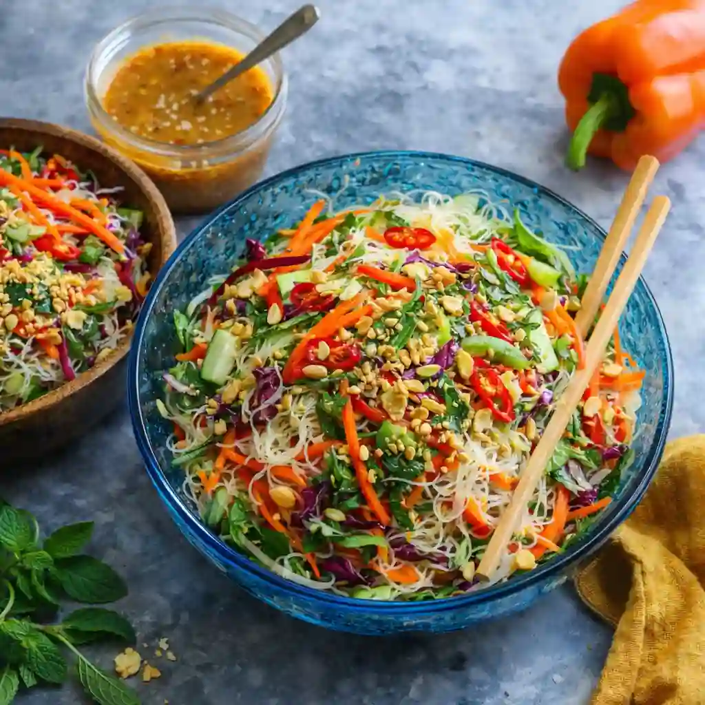 Spring Roll Salad with Spicy Ginger Dressing served with rice noodles and fresh herbs