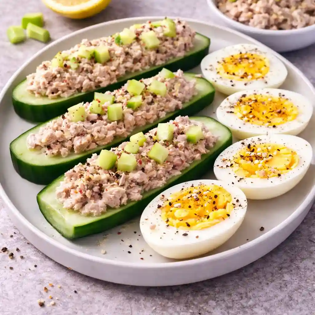 Healthy Tuna Salad with Cucumber and Egg served in a white bowl with fresh dill