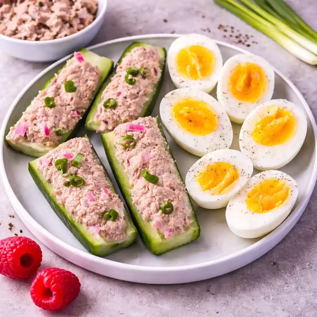 Healthy Tuna Salad with Cucumber and Egg served in a white bowl with fresh dill