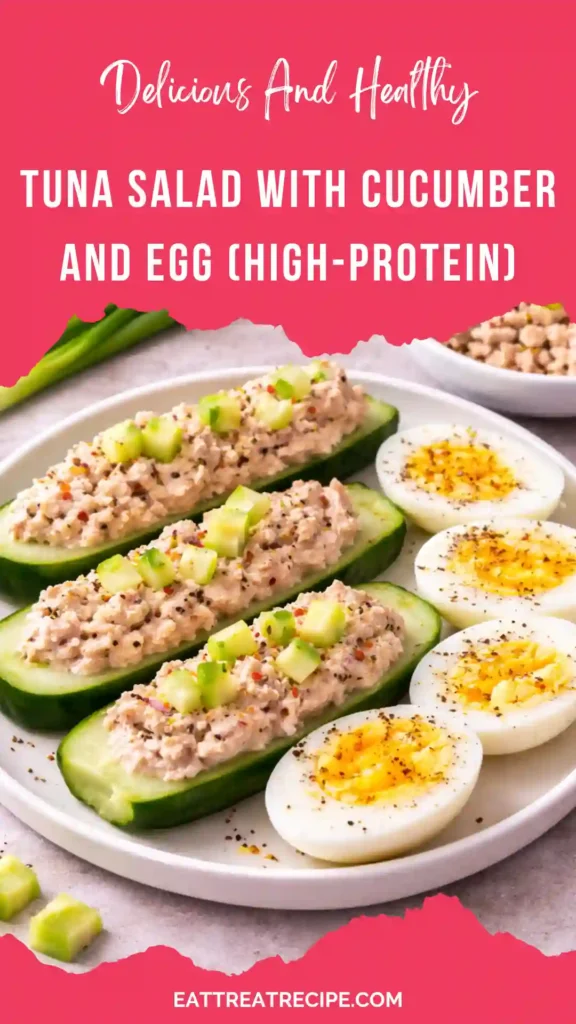 Healthy Tuna Salad with Cucumber and Egg served in a white bowl with fresh dill