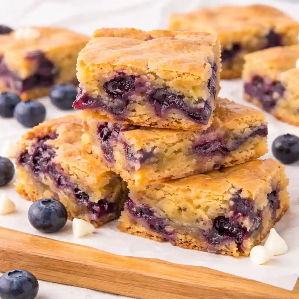 blueberry white chocolate blondies soft chewy texture with melted chocolate