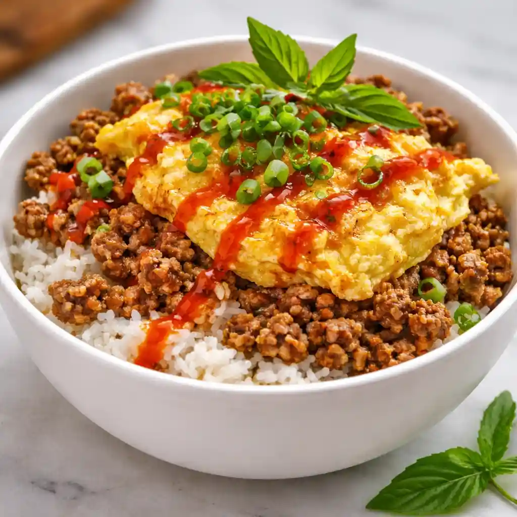 A high-protein Boy Kibble bowl with ground beef, jasmine rice, and a fried egg.