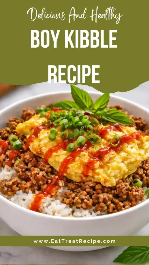 A high-protein Boy Kibble bowl with ground beef, jasmine rice, and a fried egg.