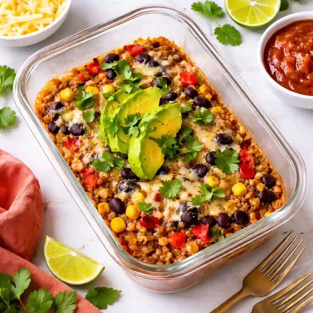 chicken cottage cheese enchilada boxes with rice avocado and enchilada sauce