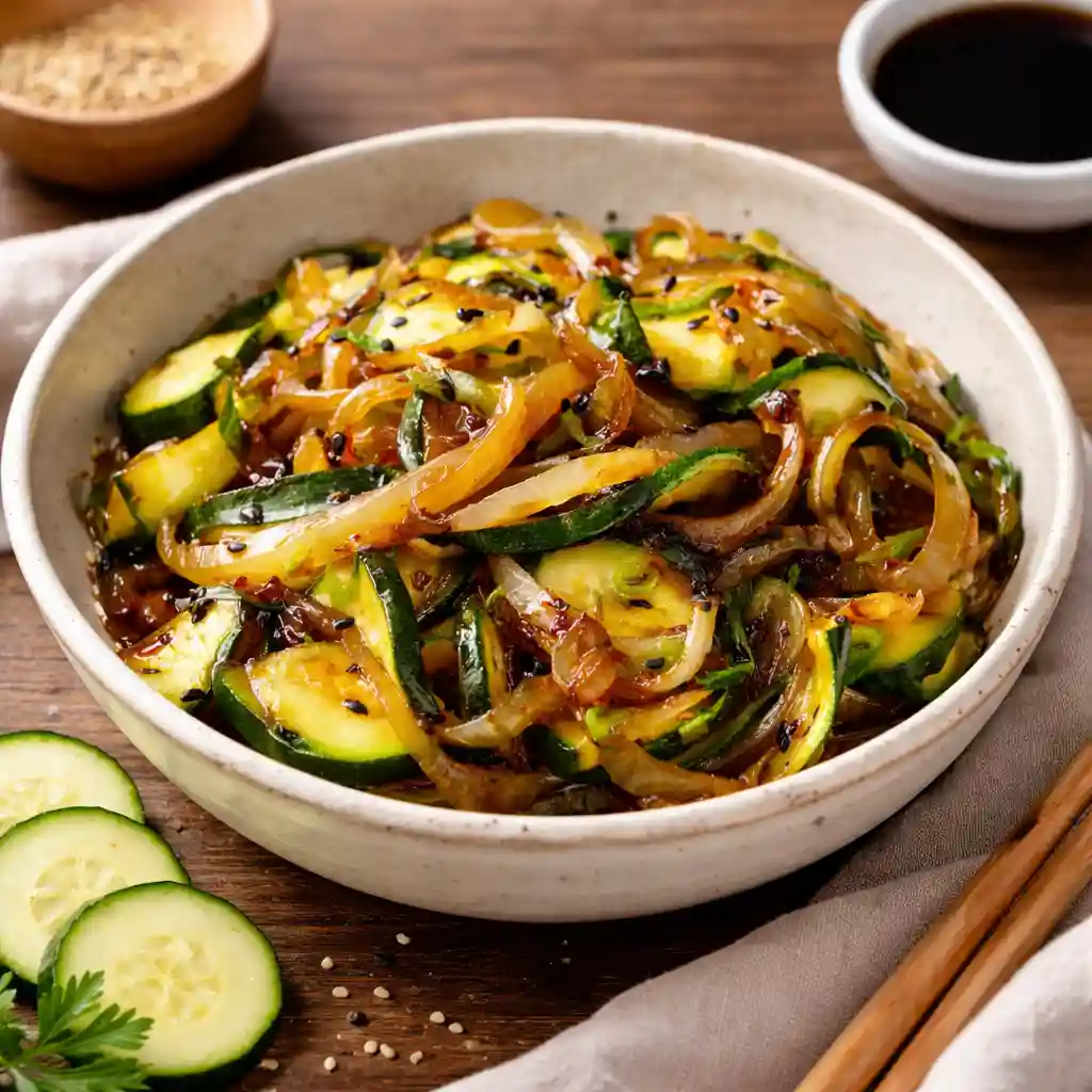 japanese zucchini and onion stir fry glossy texture modern pan