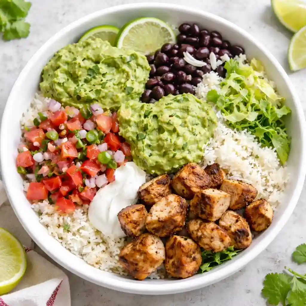 Homemade chipotle chicken burrito bowl with cilantro lime rice, beans, corn salsa and avocado.