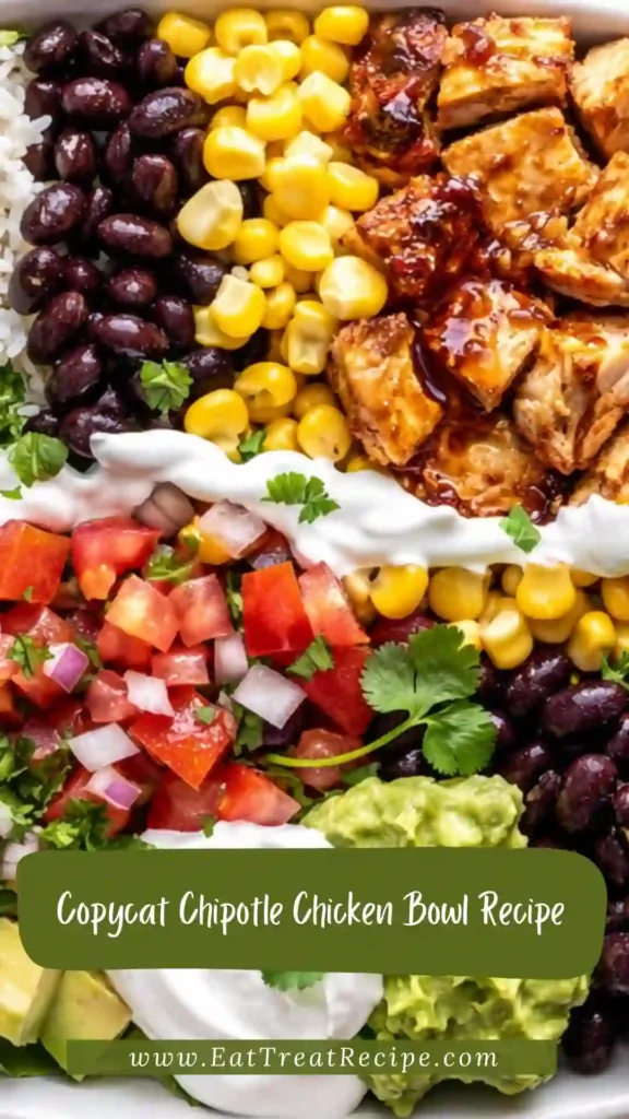 Homemade chipotle chicken burrito bowl with cilantro lime rice, beans, corn salsa and avocado.