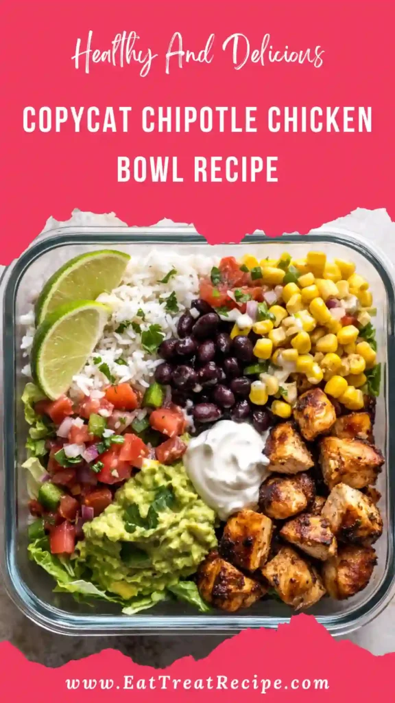 Homemade chipotle chicken burrito bowl with cilantro lime rice, beans, corn salsa and avocado.