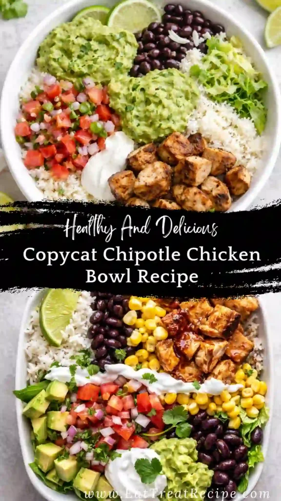 Homemade chipotle chicken burrito bowl with cilantro lime rice, beans, corn salsa and avocado.