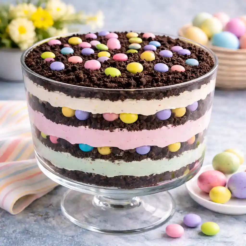Easter Dirt Cake Casserole with Oreo soil, Peeps bunnies, and jelly beans