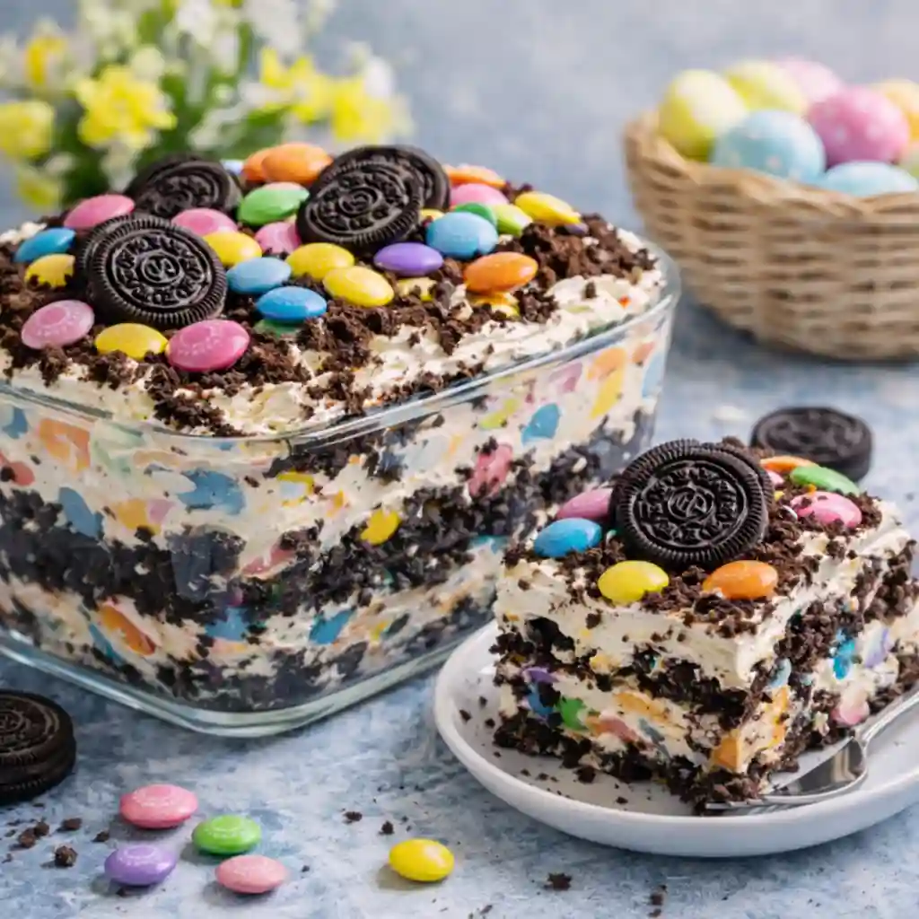 Easter Dirt Cake Casserole with Oreo soil, Peeps bunnies, and jelly beans