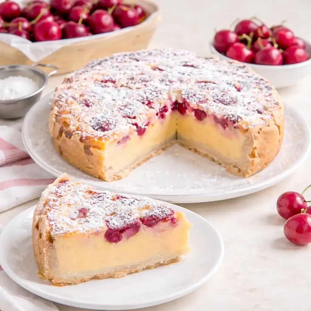 slice of german cherry cake served with whipped cream