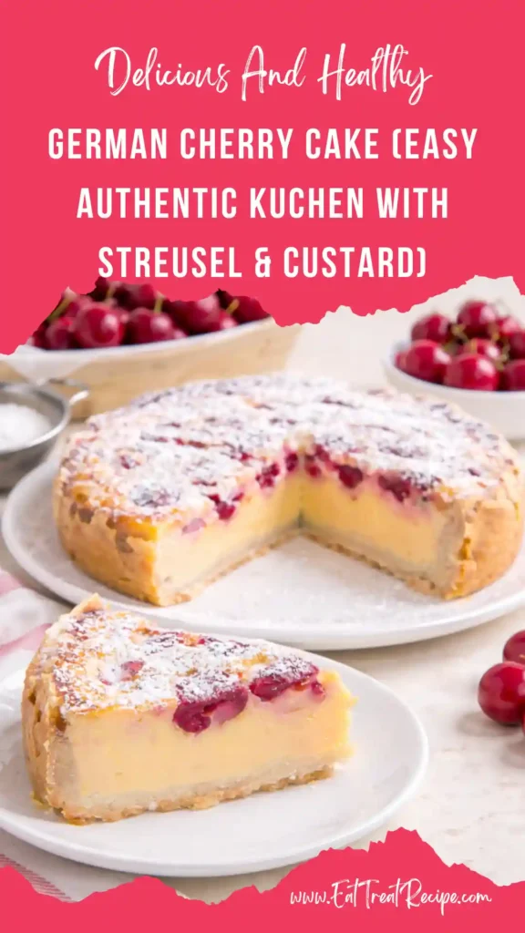 slice of german cherry cake served with whipped cream