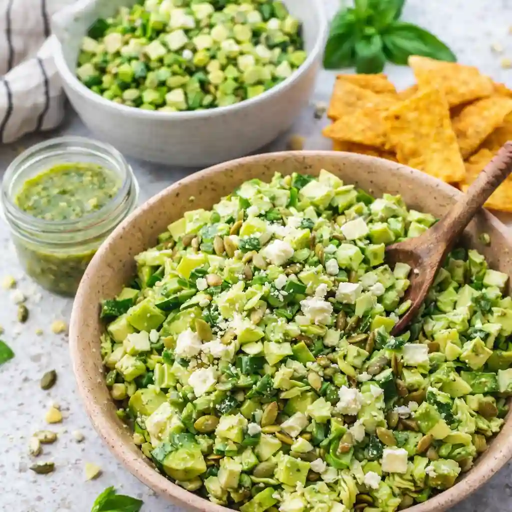 Green Goddess Salad with creamy herb dressing in a white bowl