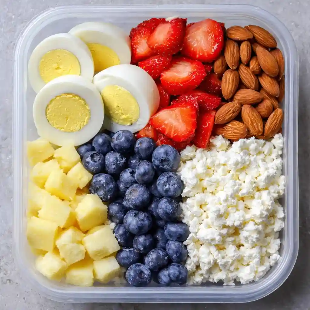 Macro-friendly high protein breakfast boxes featuring eggs, Greek yogurt, fresh berries and nuts arranged in bento-style containers for healthy meal prep mornings.
