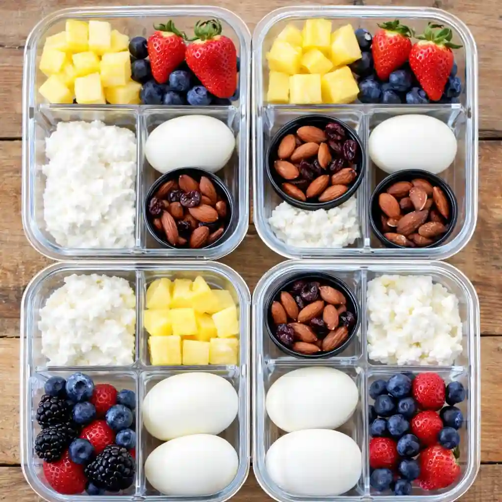 High Protein Breakfast Boxes with eggs, Greek yogurt, berries and almonds in meal prep containers