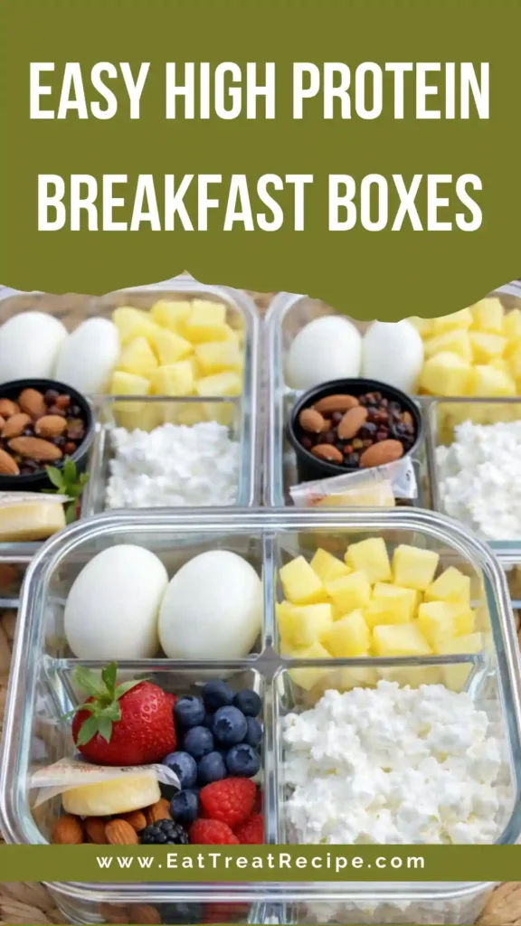 Macro-friendly high protein breakfast boxes featuring eggs, Greek yogurt, fresh berries and nuts arranged in bento-style containers for healthy meal prep mornings.