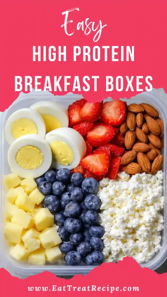 Macro-friendly high protein breakfast boxes featuring eggs, Greek yogurt, fresh berries and nuts arranged in bento-style containers for healthy meal prep mornings.