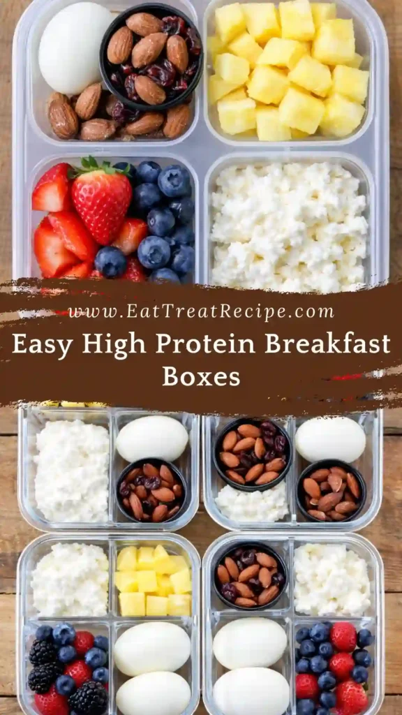 Macro-friendly high protein breakfast boxes featuring eggs, Greek yogurt, fresh berries and nuts arranged in bento-style containers for healthy meal prep mornings.