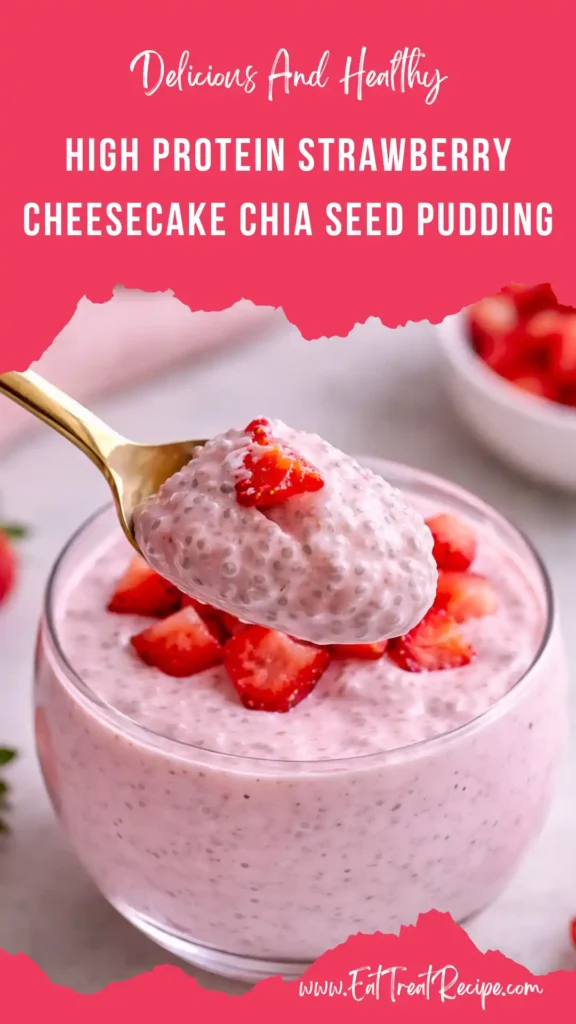 high protein strawberry cheesecake chia seed pudding creamy jar