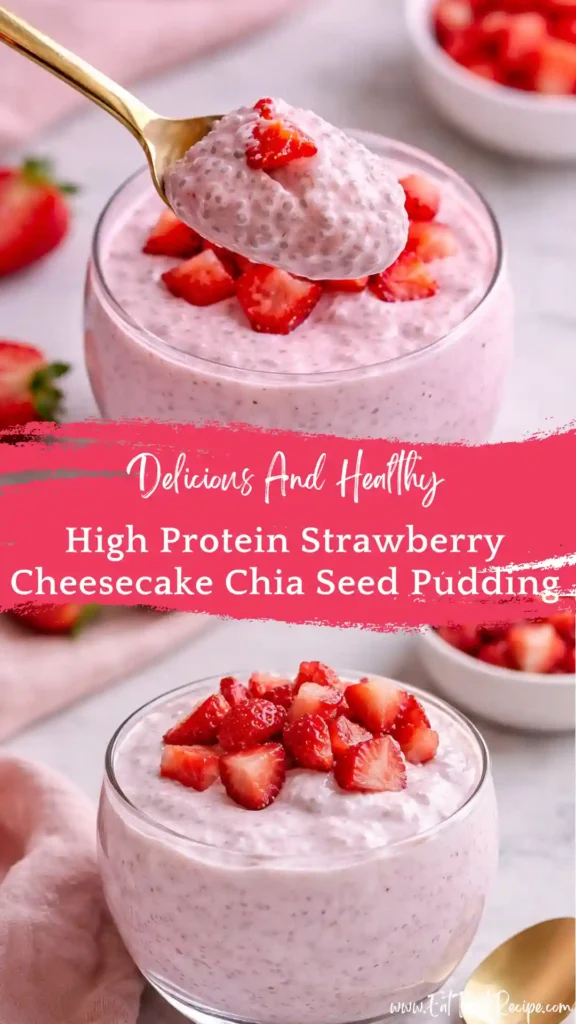 high protein strawberry cheesecake chia seed pudding creamy jar