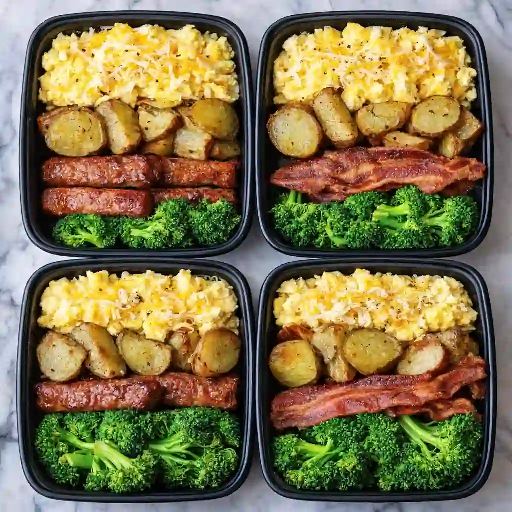 Meal prep containers with Human Kibble Breakfast Box including scrambled eggs, roasted potatoes, and broccoli