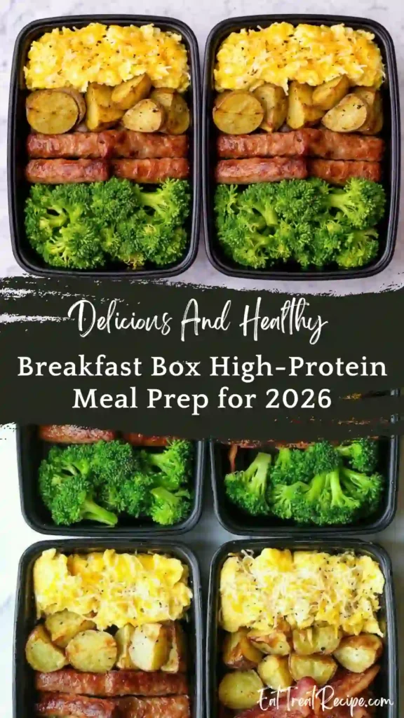 Meal prep containers with Human Kibble Breakfast Box including scrambled eggs, roasted potatoes, and broccoli