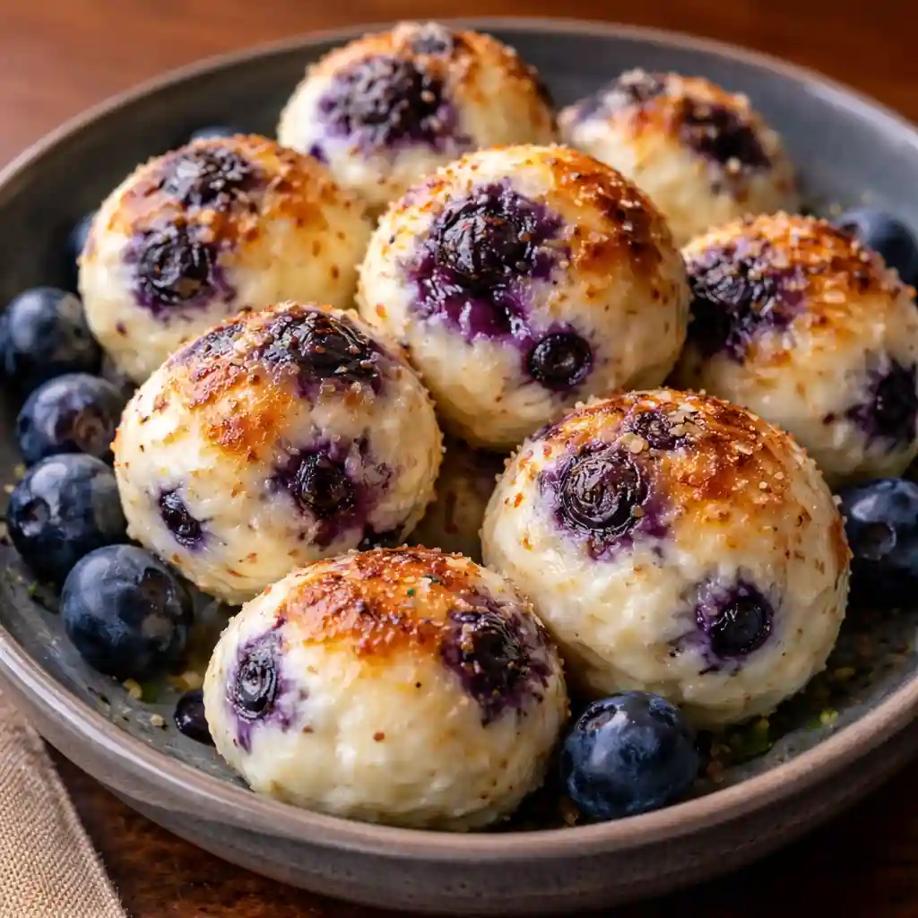 Close-up of a Lemon Blueberry Cottage Cheese Protein Bite with a soft creamy center.