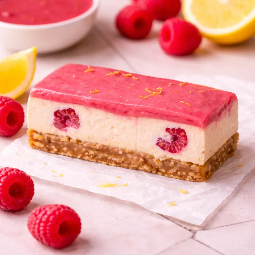 Close-up of a Lemon Raspberry Cheesecake Bar with a buttery crust and vibrant red swirl.