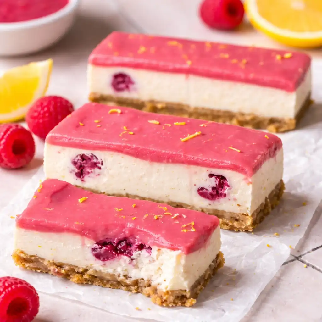 Close-up of a Lemon Raspberry Cheesecake Bar with a buttery crust and vibrant red swirl.