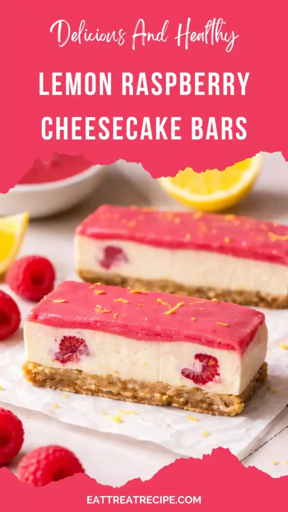 Close-up of a Lemon Raspberry Cheesecake Bar with a buttery crust and vibrant red swirl.