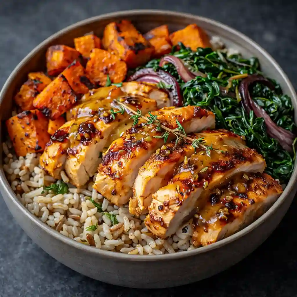 maple dijon chicken bowls with roasted sweet potatoes