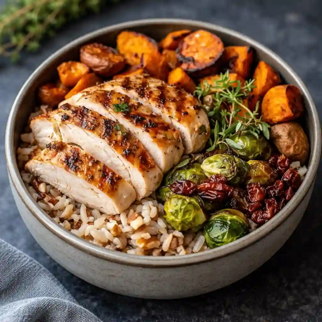 maple dijon chicken bowls with roasted sweet potatoes