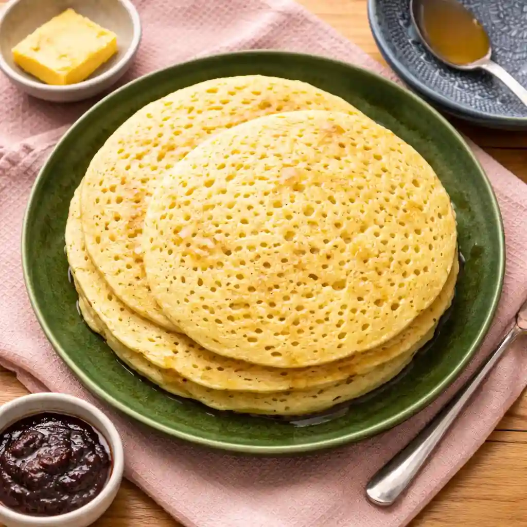 Stack of porous Moroccan semolina pancakes (Baghrir) with date syrup drizzle and Greek yogurt.