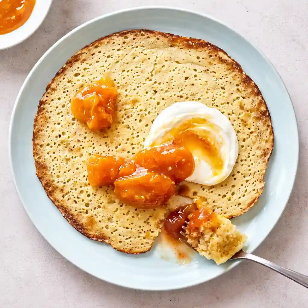 Stack of porous Moroccan semolina pancakes (Baghrir) with date syrup drizzle and Greek yogurt.
