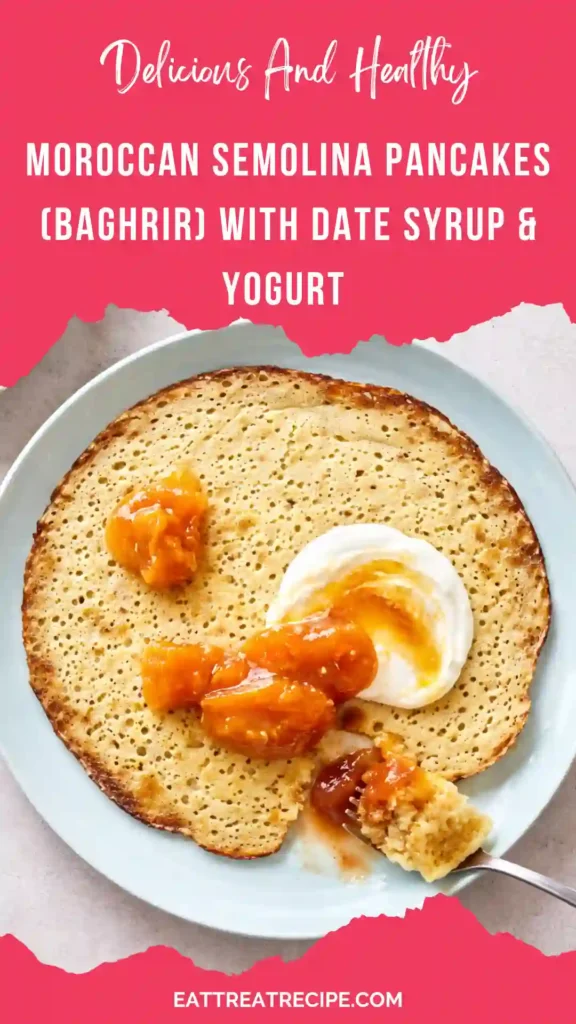 Stack of porous Moroccan semolina pancakes (Baghrir) with date syrup drizzle and Greek yogurt.