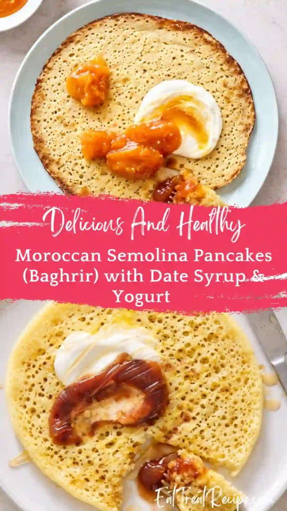 Stack of porous Moroccan semolina pancakes (Baghrir) with date syrup drizzle and Greek yogurt.