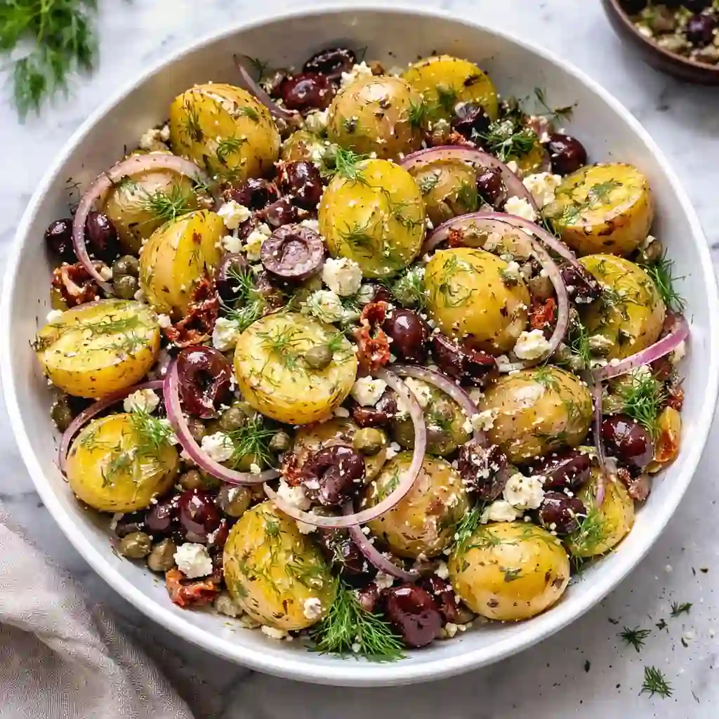 olive greek potato salad with feta and kalamata olives