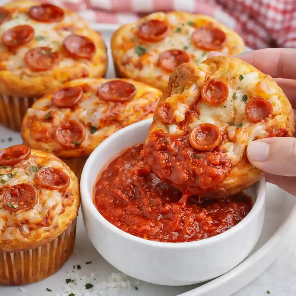 pizza cupcakes recipe baked in muffin pan with melted cheese and pepperoni