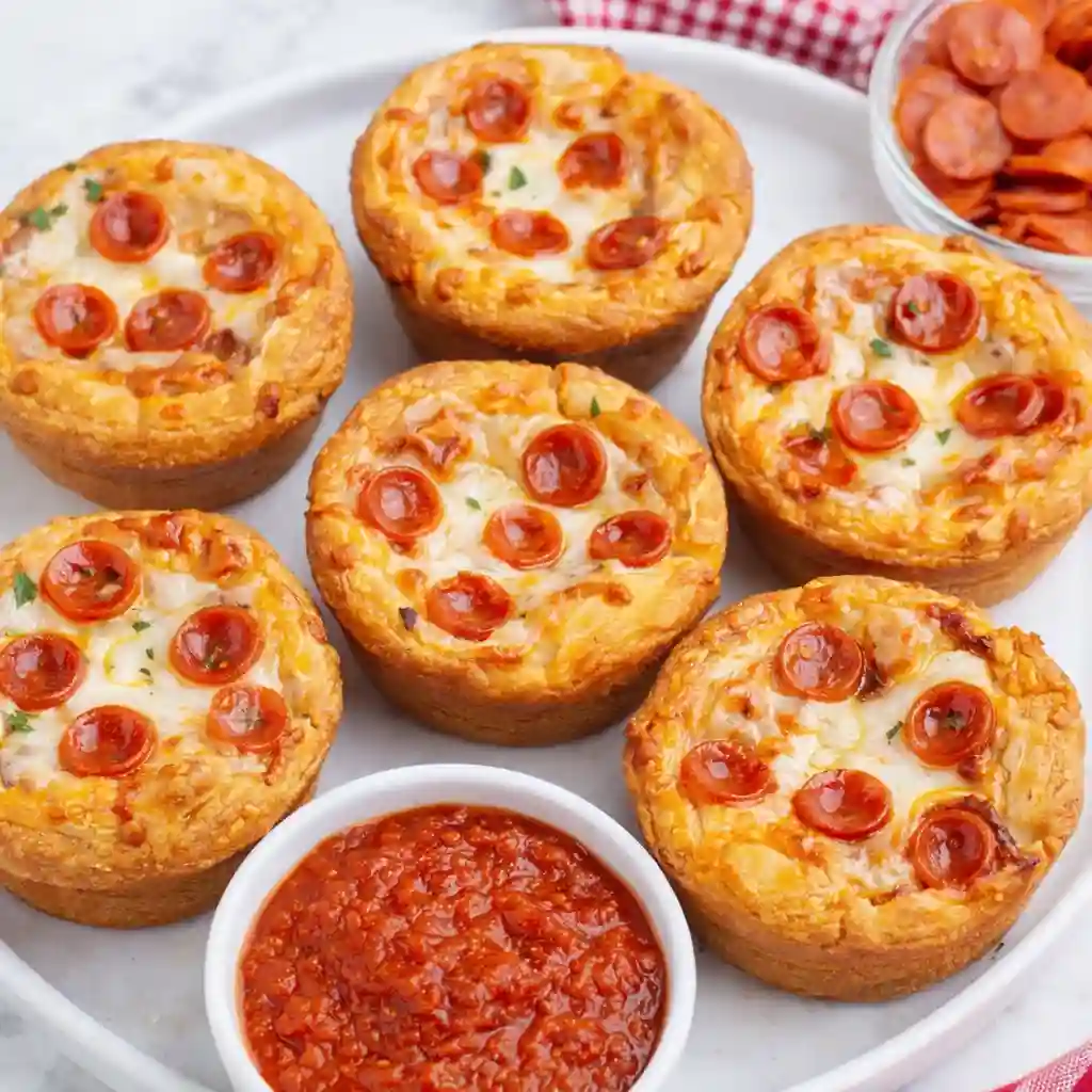 pizza cupcakes recipe baked in muffin pan with melted cheese and pepperoni